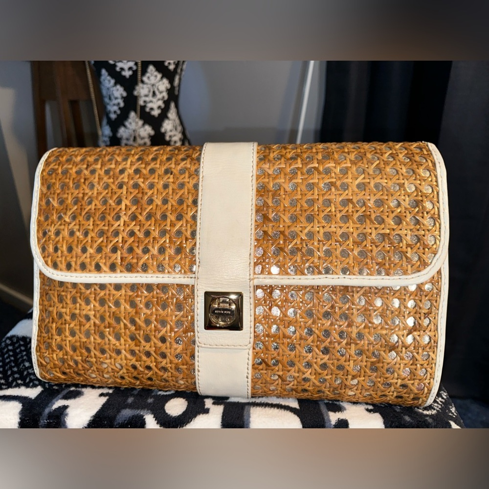 kate spade Natural Woven Rattan Clutch with Cream Trim